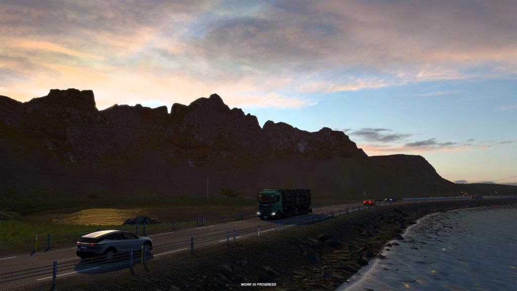Kamión na Route 1 počas západu slnka v rozšírení Iceland pre Euro Truck Simulator 2