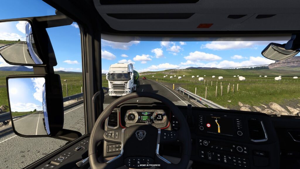 Pohľad z kabíny kamióna na horskú cestu na Islande v hre Euro Truck Simulator 2