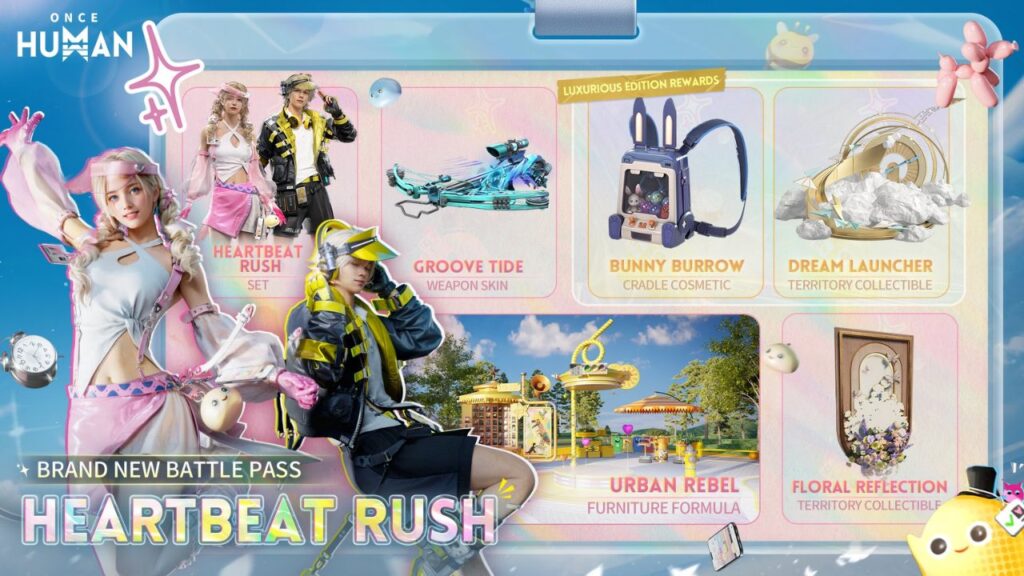 Once Human Battle Pass S9 Heartbeat Rush – sety, Groove Tide kuša, Bunny Burrow batoh, Dream Launcher, Urban Rebel, Floral Reflection