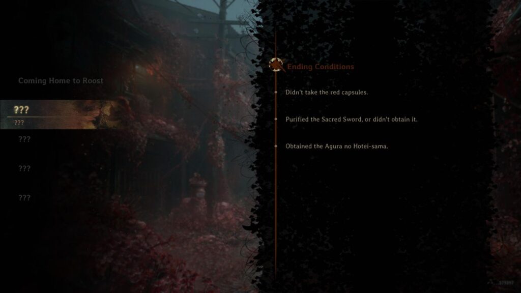 Obrazovka s podmienkami pre alternatívny koniec hry Silent Hill F