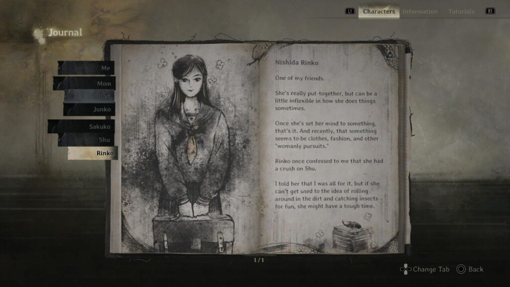 Denník postavy Rinko s kresbou a opisom v Silent Hill F