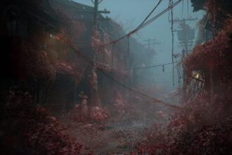 Zarastená dedinská ulička s visiacimi káblami a kvetmi ľalií, nálada Silent Hill f.
