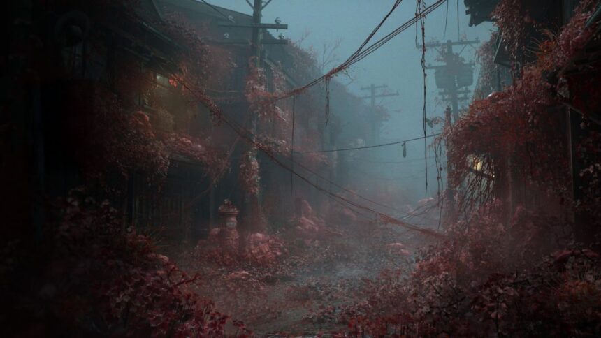 Zarastená dedinská ulička s visiacimi káblami a kvetmi ľalií, nálada Silent Hill f.