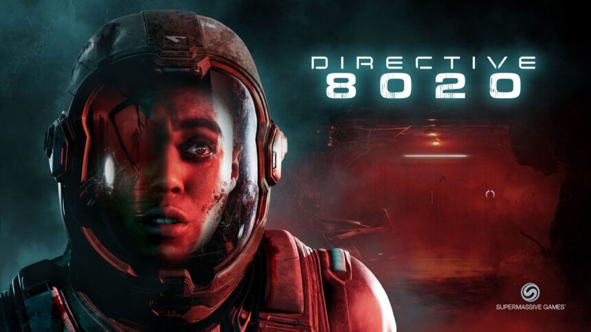 Directive 8020 titulný obrázok s astronautkou a červeným sci-fi pozadím