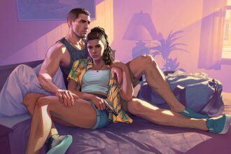 GTA 6 artwork s postavami Jasona a Lucie pri bazéne vo Vice City.