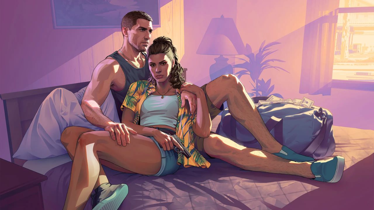 GTA 6 artwork s postavami Jasona a Lucie pri bazéne vo Vice City.