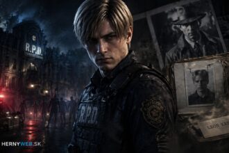 Ilustračný obrázok Leona Kennedyho pred budovou R.P.D. v daždi s noir fotografiou a spisom v pozadí