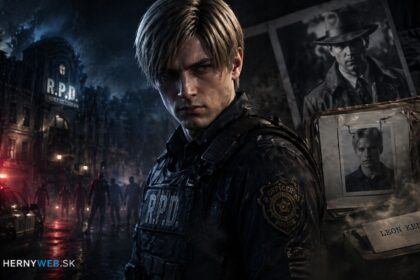 Ilustračný obrázok Leona Kennedyho pred budovou R.P.D. v daždi s noir fotografiou a spisom v pozadí