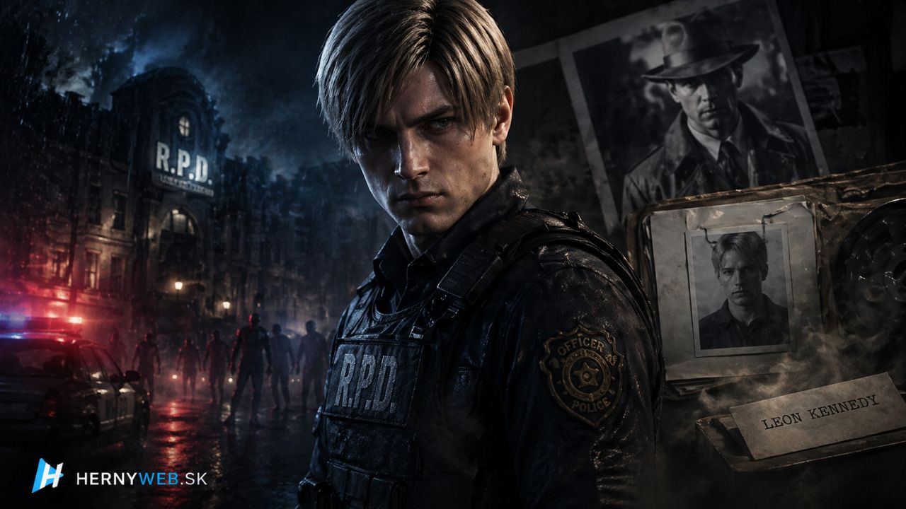 Ilustračný obrázok Leona Kennedyho pred budovou R.P.D. v daždi s noir fotografiou a spisom v pozadí