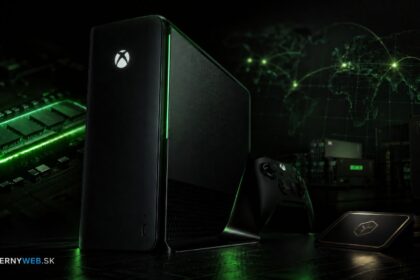 Ilustračný obrázok futuristickej Xbox konzoly s ovládačom, čipom a zeleným technologickým pozadím s logom HernýWeb.sk