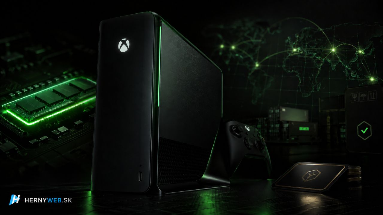 Ilustračný obrázok futuristickej Xbox konzoly s ovládačom, čipom a zeleným technologickým pozadím s logom HernýWeb.sk