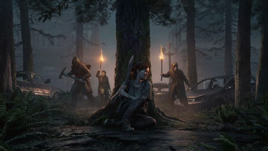The Last of Us Part 2 titulný obrázok s postavami v lese pri ohni