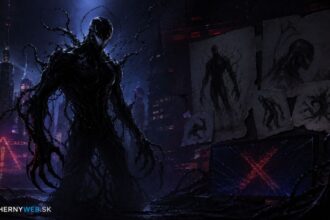 Ilustračný obrázok temnej symbiotickej postavy v nočnom meste s náčrtmi zrušeného projektu a logom HernýWeb.sk