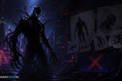 Ilustračný obrázok temnej symbiotickej postavy v nočnom meste s náčrtmi zrušeného projektu a logom HernýWeb.sk