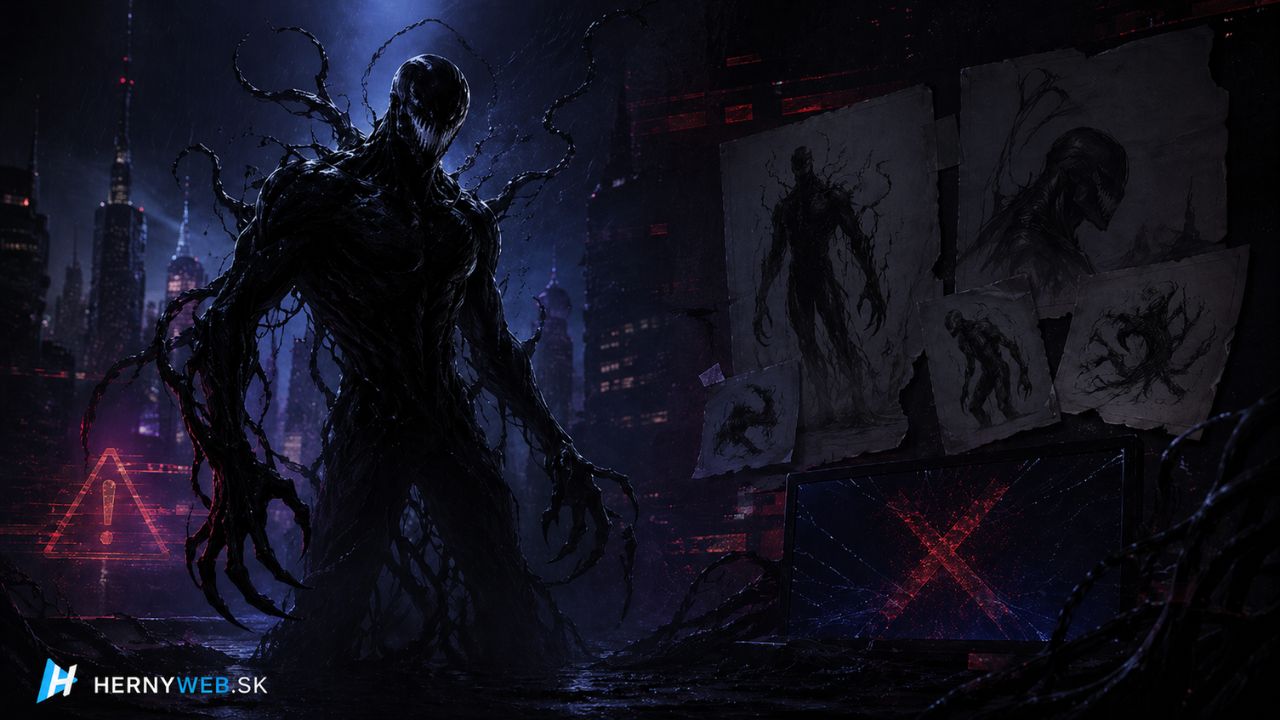 Ilustračný obrázok temnej symbiotickej postavy v nočnom meste s náčrtmi zrušeného projektu a logom HernýWeb.sk