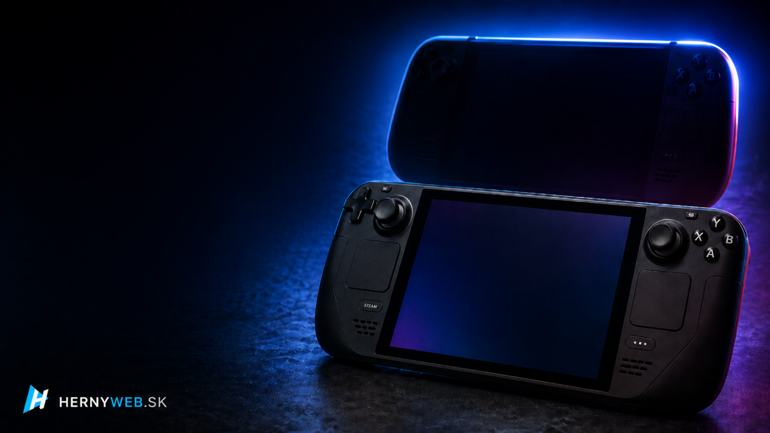 Steam Deck 2 ako futuristický handheld v tmavom modro-fialovom nasvietení s logom HernýWeb.sk