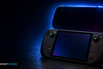 Steam Deck 2 ako futuristický handheld v tmavom modro-fialovom nasvietení s logom HernýWeb.sk
