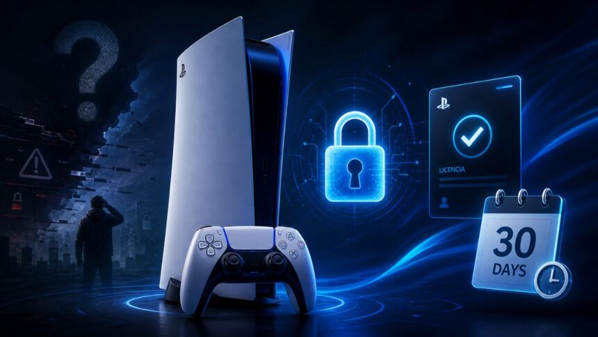 PlayStation konzola s digitálnym zámkom a symbolom 30-dňového overenia licencie