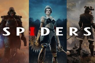 Koláž k štúdiu Spiders s logom vývojára a postavami z jeho hier